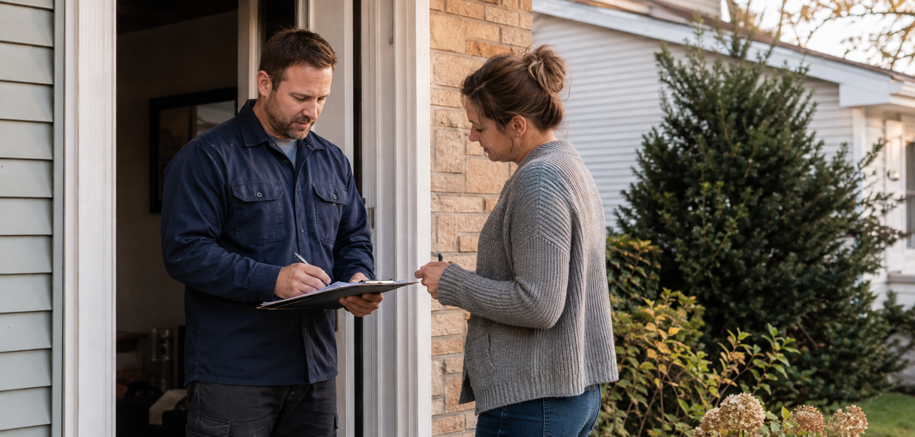 A home-service professional completing a project handoff with a homeowner